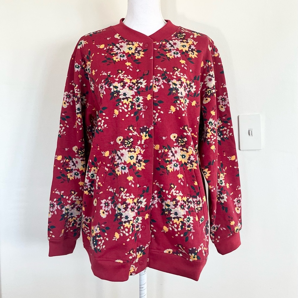 TUDOR COURT Red Floral Vintage Long Sleeve Snap Front Soft Sweater Jacket